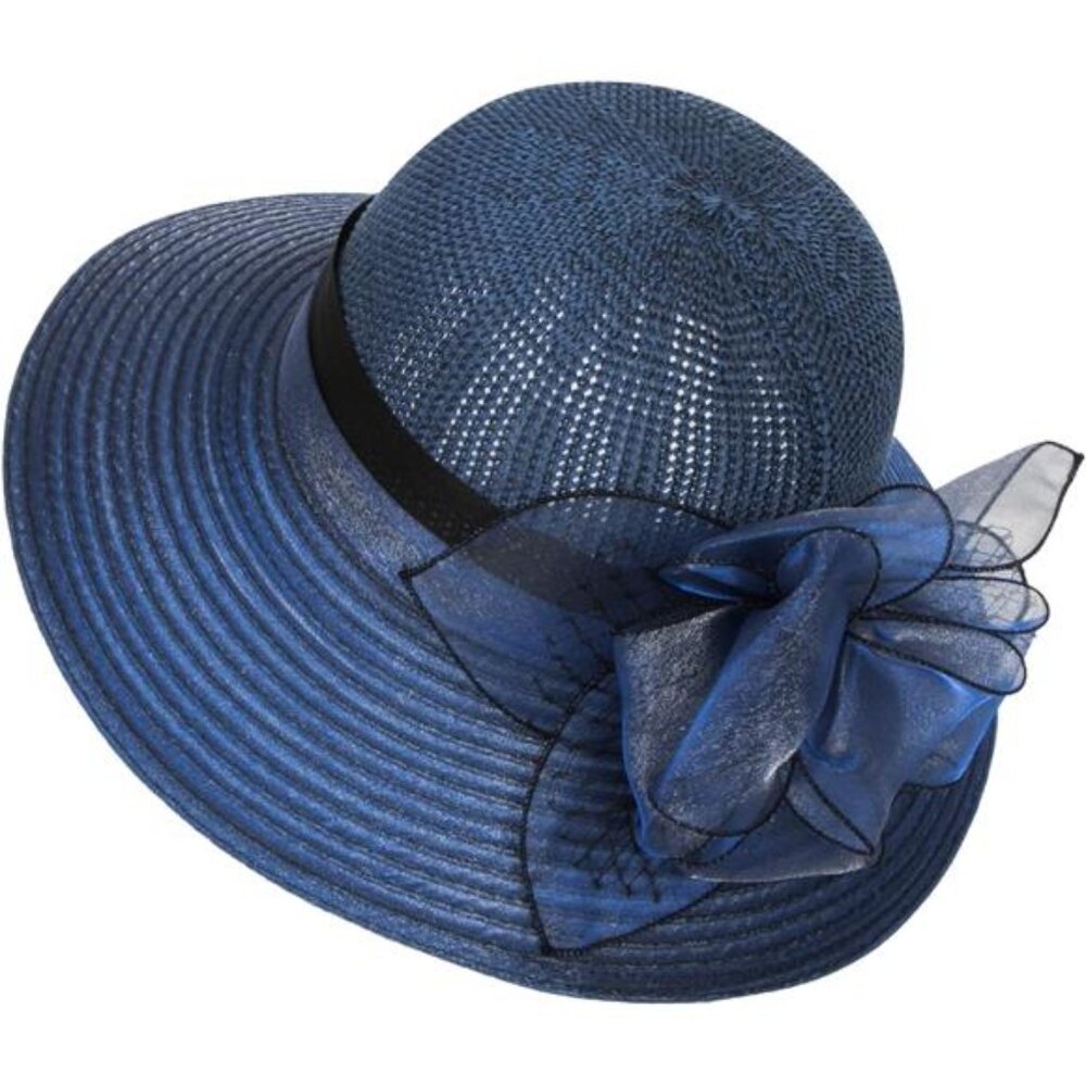 Women's Kentucky Organza Derby Hat Wide Brim Summer Sun Cap, Navy Blue